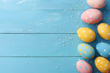 A blue wooden table with a row of colorful Easter eggs placed on the right. The eggs are decorated with polka dots.