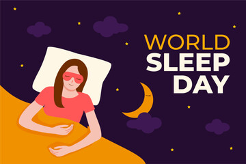 World Sleep day on march 15 greeting banner. Woman sleeping wearing sleep mask illustration