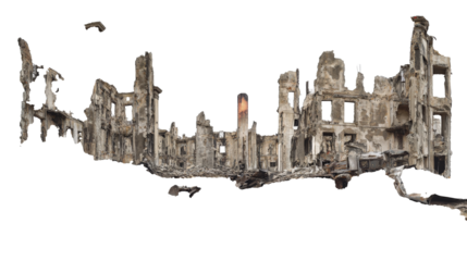 a destroyed building with a fire in the background Cutout and isolated and transparent background image
