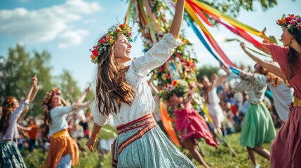 Obraz premium Colorful Group Celebrating Around Maypole in Sunlight, Selective Focus