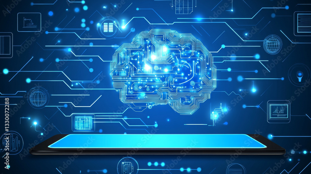 Poster a futuristic ai concept with a virtual circuit brain displayed on a tablet screen, highlighting adva