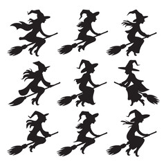 set of black various witch outline vector silhouettes isolated on white background