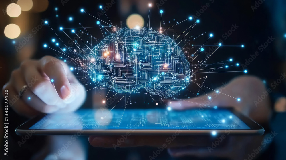 Poster a futuristic ai concept with a virtual circuit brain displayed on a tablet screen, highlighting adva
