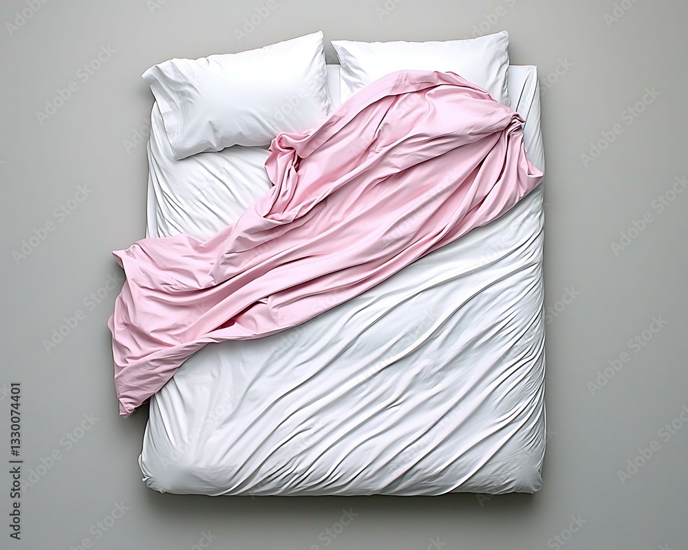 Poster a serene overhead view of a neatly made bed with white sheets and a soft pink blanket, creating a ca