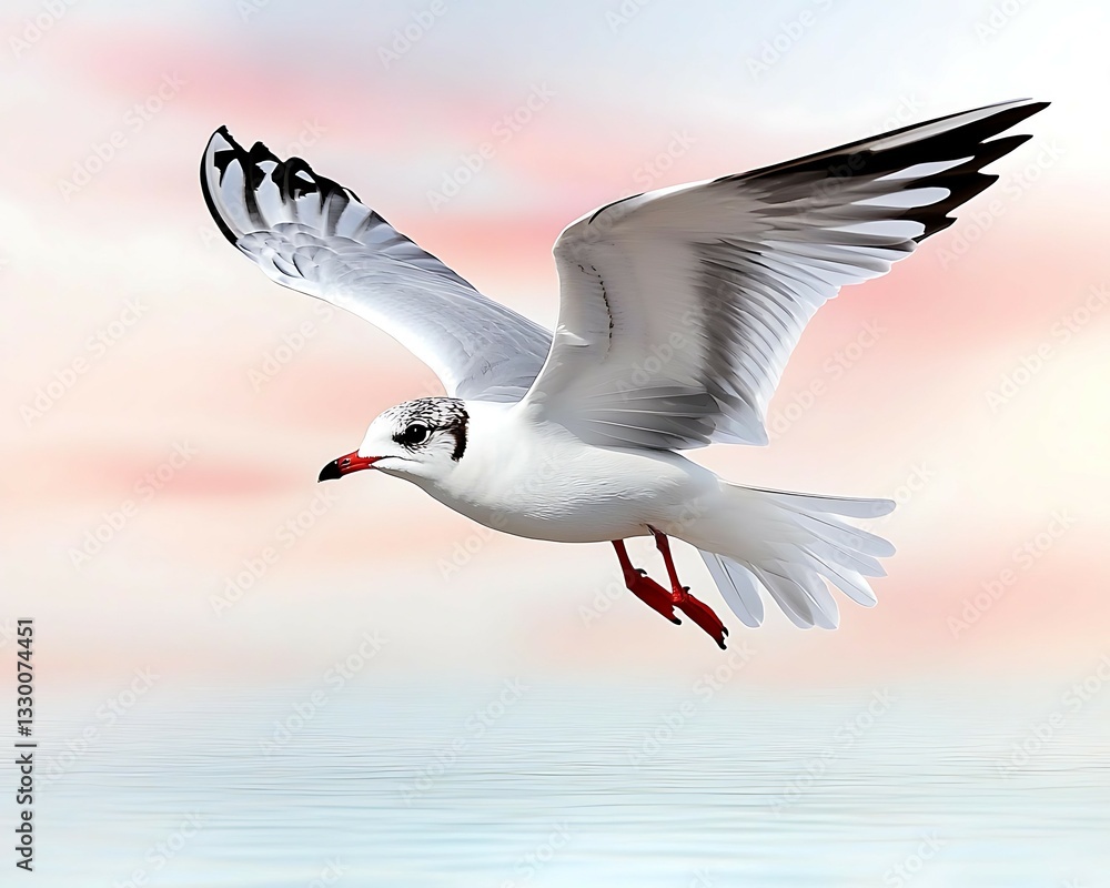 Wall mural a graceful seagull soars over calm waters, framed by a soft pastel sky, embodying the beauty of natu