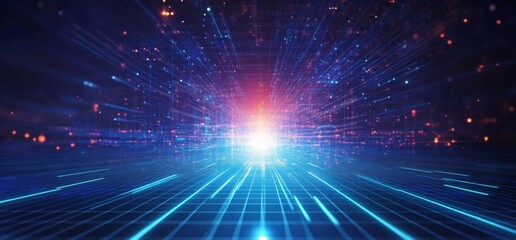 Obraz premium Blue arrow background technology digital and speed concept for web banner, poster, or presentation design. Abstract blue glow arrows on a dark grid backdrop with a copy space area