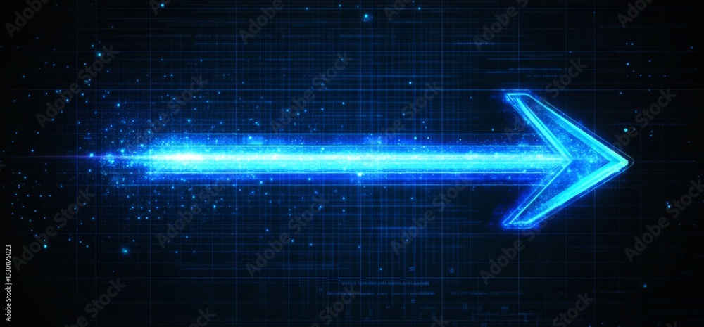 Aufkleber Blue arrow background technology digital and speed concept for web banner, poster, or presentation design. Abstract blue glow arrows on a dark grid backdrop with a copy space area