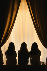 Three girls sitting together silhouetted against a bright window background