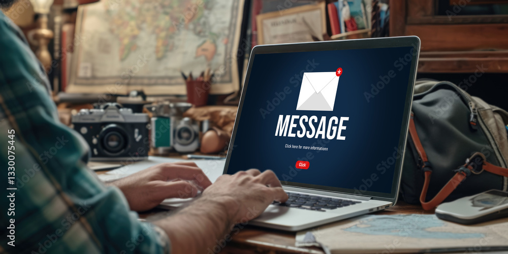 Poster email notification message showing on computer screen brisk. digital marketing message information t