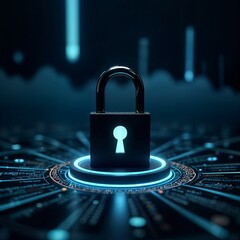 Cybersecurity scene with padlock and shield on a blue technology background