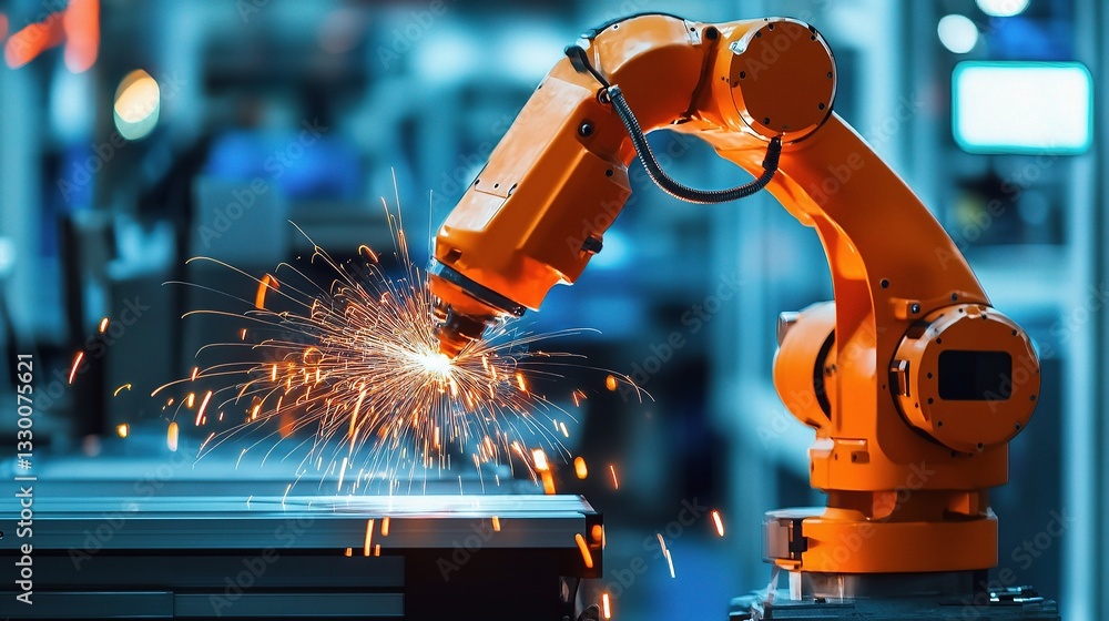 Poster advanced robotic arm welding system in action with sparks flying