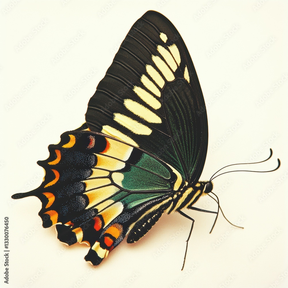 Poster colorful butterfly resting with detailed wing patterns on a light background in a serene environment