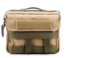 Tactical storage bag in tan color with adjustable straps and velcro