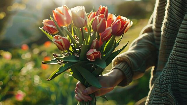 Nahaufnahme von H&auml;nden mit einem bunten Blumenstrau&szlig;