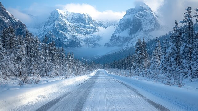 Snowy mountain road.  Winter wonderland scene of a pristine snow-covered road leading through a forest to majestic snow-capped mountains.  A breathtaking winter landscape - Powered by Adobe