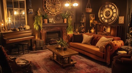 Dark Brown and Gold Living Room Interior with Ornate Fireplace and Antique Clock