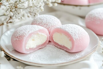 Delicious Japanese moti desserts. Close up. Asian rice daifuku dessert sweet mochi. Cut in half with filling. Traditional dessert mochi ice cream. Colorful rice cake. Fukashi manju. Culinary delights