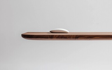 A White Wireless Mouse Centered On A Narrow Dark Brown Wooden Shelf Against A Simple Off-White Backdrop