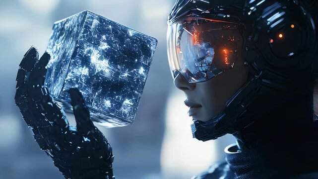 video of A cyborg woman commanding planets and a mysterious cube
