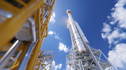 low angle view of rocket on launch pad against bright blue sky, showcasing structure and technology involved in space exploration