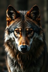 Fototapeta premium Staring Wolf Portrait with Intense Gaze Fur Detail Animal Kingdom