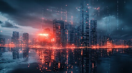 Futuristic City Skyline with Double Exposure and Vibrant Lights
