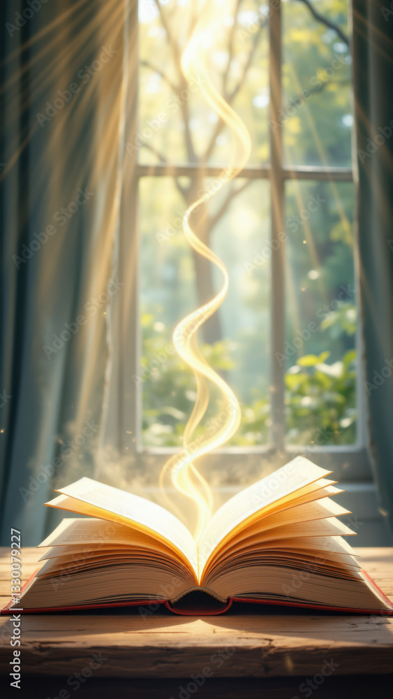 Poster open book with a ray of light streaming from it through a window, symbolizing inspiration or divine 