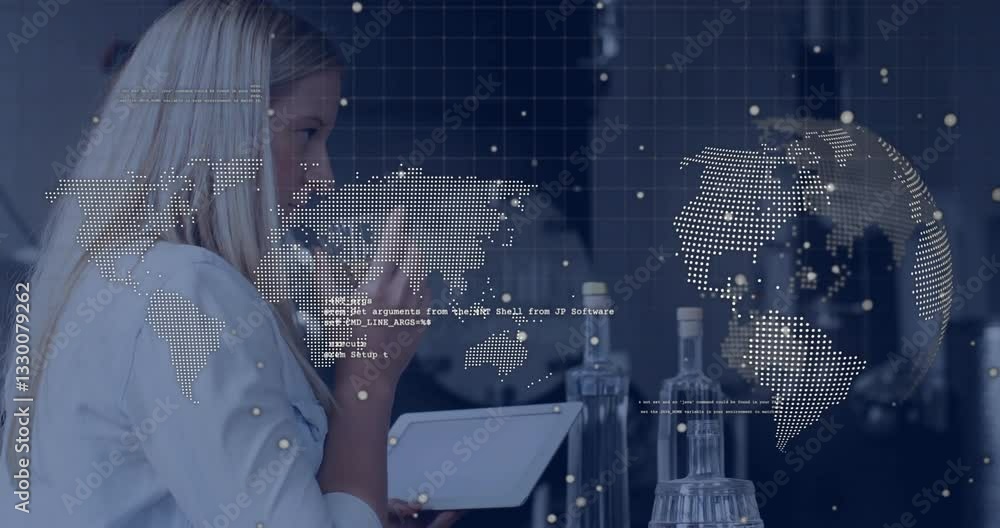 Poster analyzing data on tablet, woman viewing animation with digital world map overlay