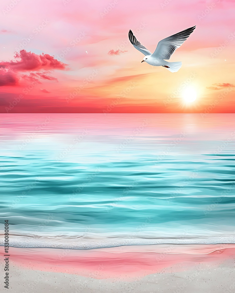 Wall mural a serene beach scene at sunset, featuring gentle waves, soft sand, and a seagull soaring against a c