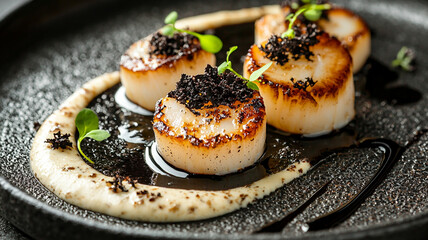 Stylish luxury food, Pan seared scallops with black truffle and creamy sauce on plate