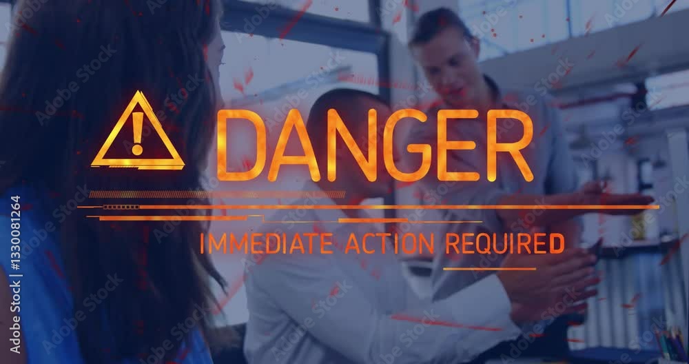 Poster danger warning text animation over people discussing in modern office setting