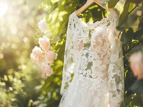 Ethereal Bridal Gown in Lush Garden with Intricate Lace and Floral Embroidery, Soft Sunlight and Pastel Blooms