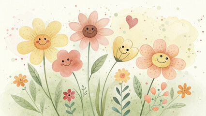 A painting with flowers done in watercolor technique, with cute faces on each flower and green leaves around