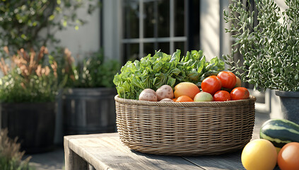 Wicker basket overflowing with freshly harvested vegetables and fruits displayed outdoors on a rustic wooden table near potted plants.