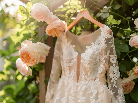 Ethereal Bridal Gown in Lush Garden with Intricate Lace and Floral Embroidery, Soft Sunlight and Pastel Blooms