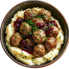 A Bowl of Swedish Meatballs with Mashed Potatoes Isolated on Transparent Background