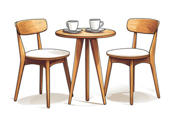 A charming illustration of a small wooden table with two cups flanked by two matching chairs.