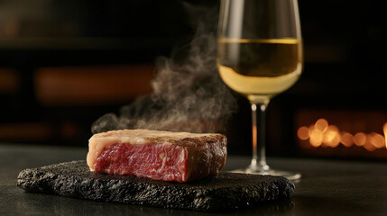 Stylish luxury food, Grilling Wagyu beef on volcanic rock with glass of white wine nearby