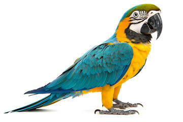 Fototapeta premium A vibrant blue-and-gold macaw stands against a white backdrop displaying its striking plumage and strong curved beak.