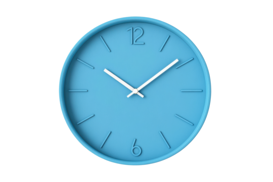 Minimalist blue wall clock with white hands showing 10:10, cut out