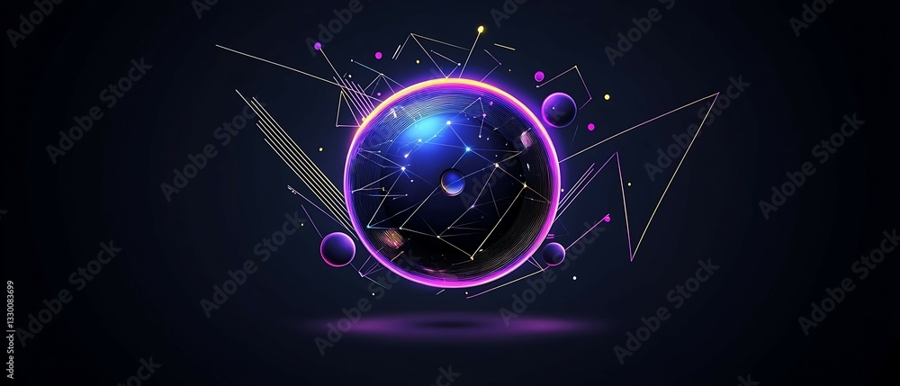Poster vibrant abstract sphere with glowing elements and dynamic shapes against a dark background, evoking 
