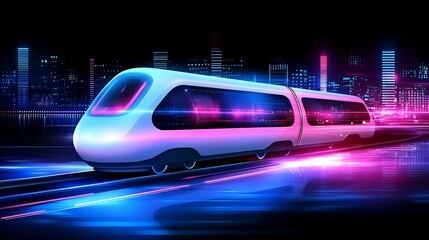 Futuristic train gliding through a neon-lit cityscape, showcasing high-tech design and vibrant colors. retro nostalgia retro-futurism throwback concept