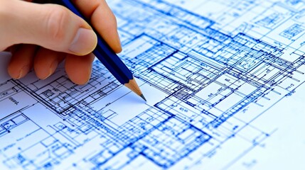 Architect's Hand Drawing on Blueprint, House Design Construction Planning, Engineering Detailed Plan

