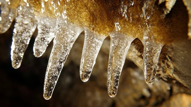 Ice stalactites hang from the cave ceiling, shining in the subdued light of the underground cavern