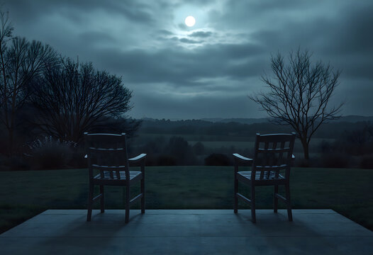 Two empty chairs under a full moon at night, Trauer theme concept.