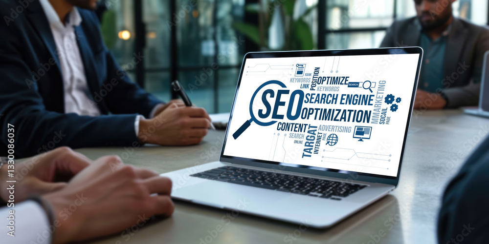 Poster seo search engine optimization for brisk e-commerce and online retail business showing on computer s