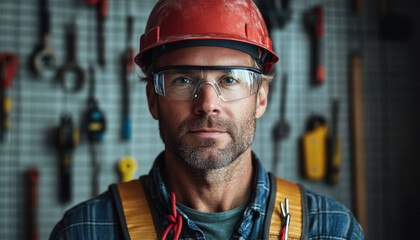 Electrician stands confidently in safety gear, ready for work with tools behind, demonstrating professionalism in his field