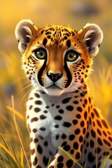 Obraz premium Cheetah Portrait in Golden Light Amidst Tall Grass Captivating Stare