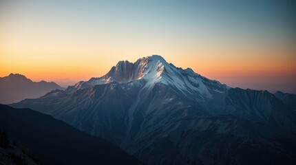 Snowy Mountain Peak at Sunset with Dramatic Lighting and Colorful Sky