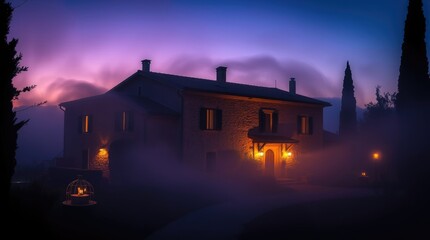 Idyllic Country Home Illuminated at Dusk with Mystical Fog Rolling in